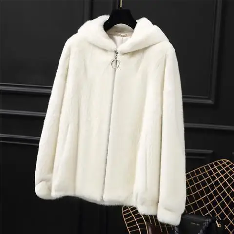 Classic autumn real fur coat white warm soft fur luxury hooded fur coat women mink