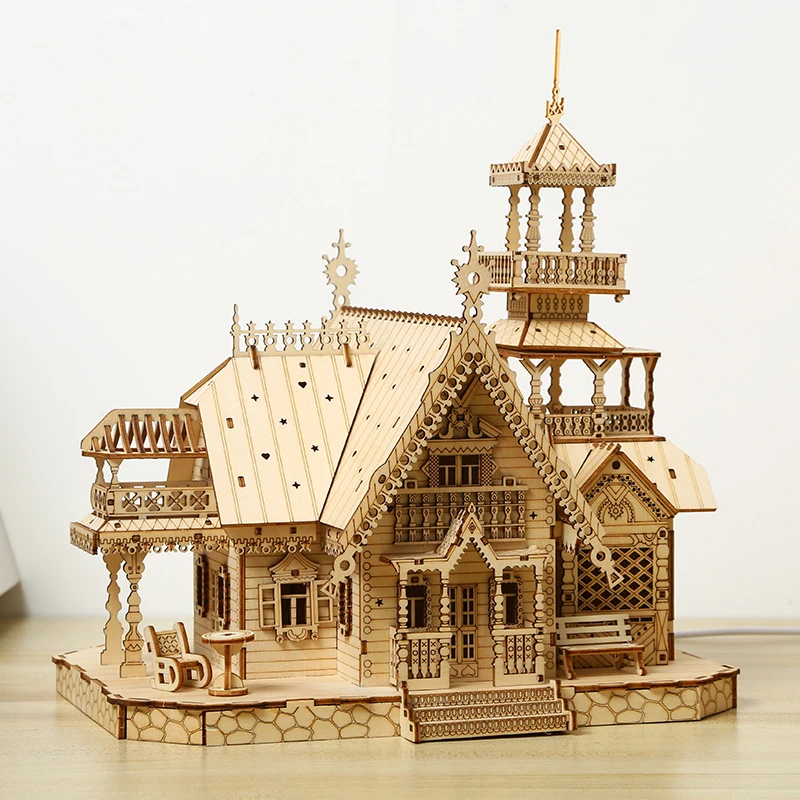 Retro Villa Castle Shaped Wood Crafts Ornaments 3D Wooden Jigsaw Puzzles DIY Handmade Assemble Cottage House Building Model Kit