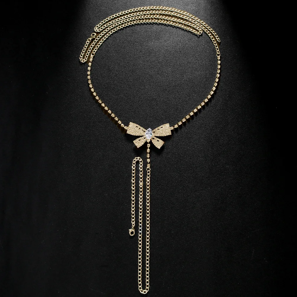 Fashion Sparkly Rhinestone Bow Waist Body Chain Jewelry For Girls Women