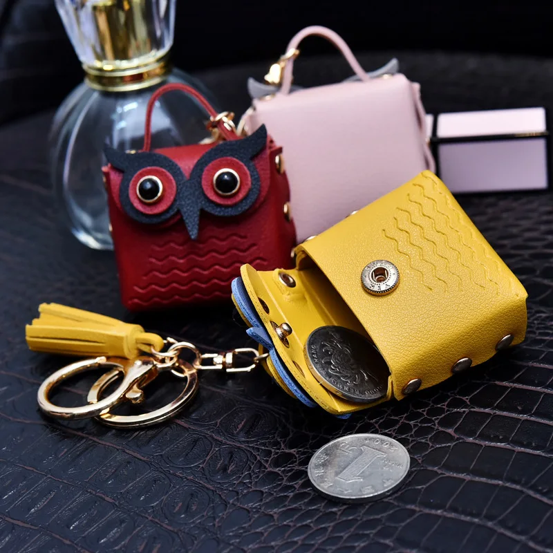 Hot Selling Creative Owl keychain wallet Leather Owl mini coin purses keyring bag wallet key chains Pendant Couple keychains bag