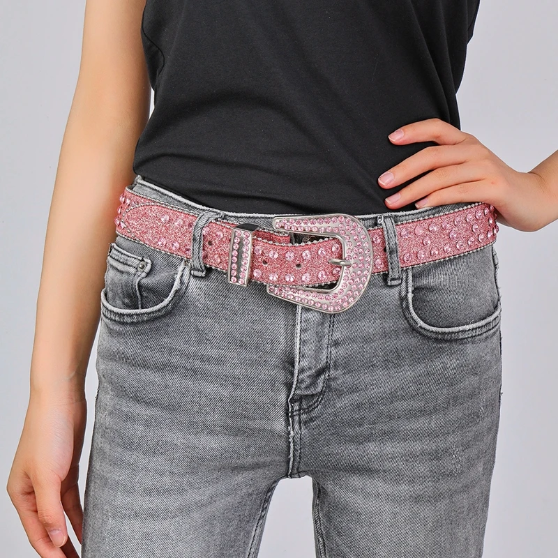 2023 новый модный Повседневный Белый Шипованный ремень со стразами Блестящий Пользовательский логотип розовый ремень со стразами