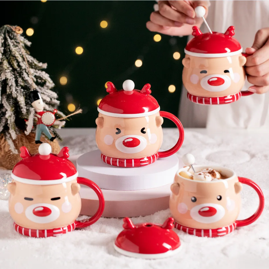 RTS Hot sale luxury gift cartoon ceramic mug Christmas moose coffee mug Christmas theme ceramic mug for children