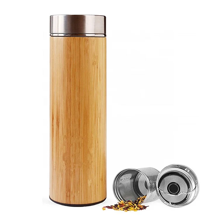 Private label 500ml stainless steel bamboo water bottle 18/8 bamboo tea infuser bottle tumbler for Gift