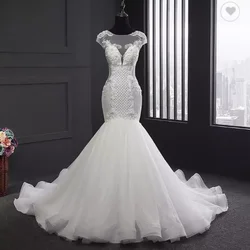 fishtail wedding dress Luxury Open Back Sparkly Pearls Beading Crystal Appliques Lace Mermaid Wedding Dress