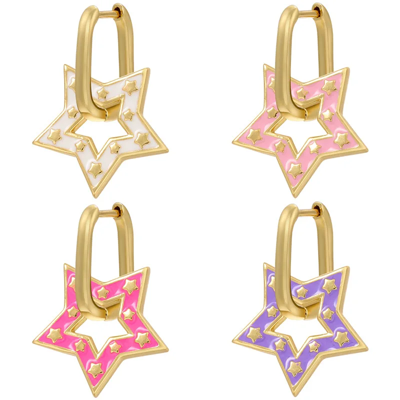 Jewelry Korean Fashion Girl Color Dripping Oil Five Pointed Star 18k Gold plated Earrings 18k Gold Plated Earrings For Women