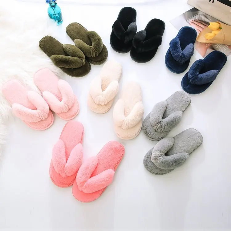 Women House Slippers Warm Faux Fur Ladies Cross Soft Plush Furry Female Open Toe Fashion Flip Flops Slides