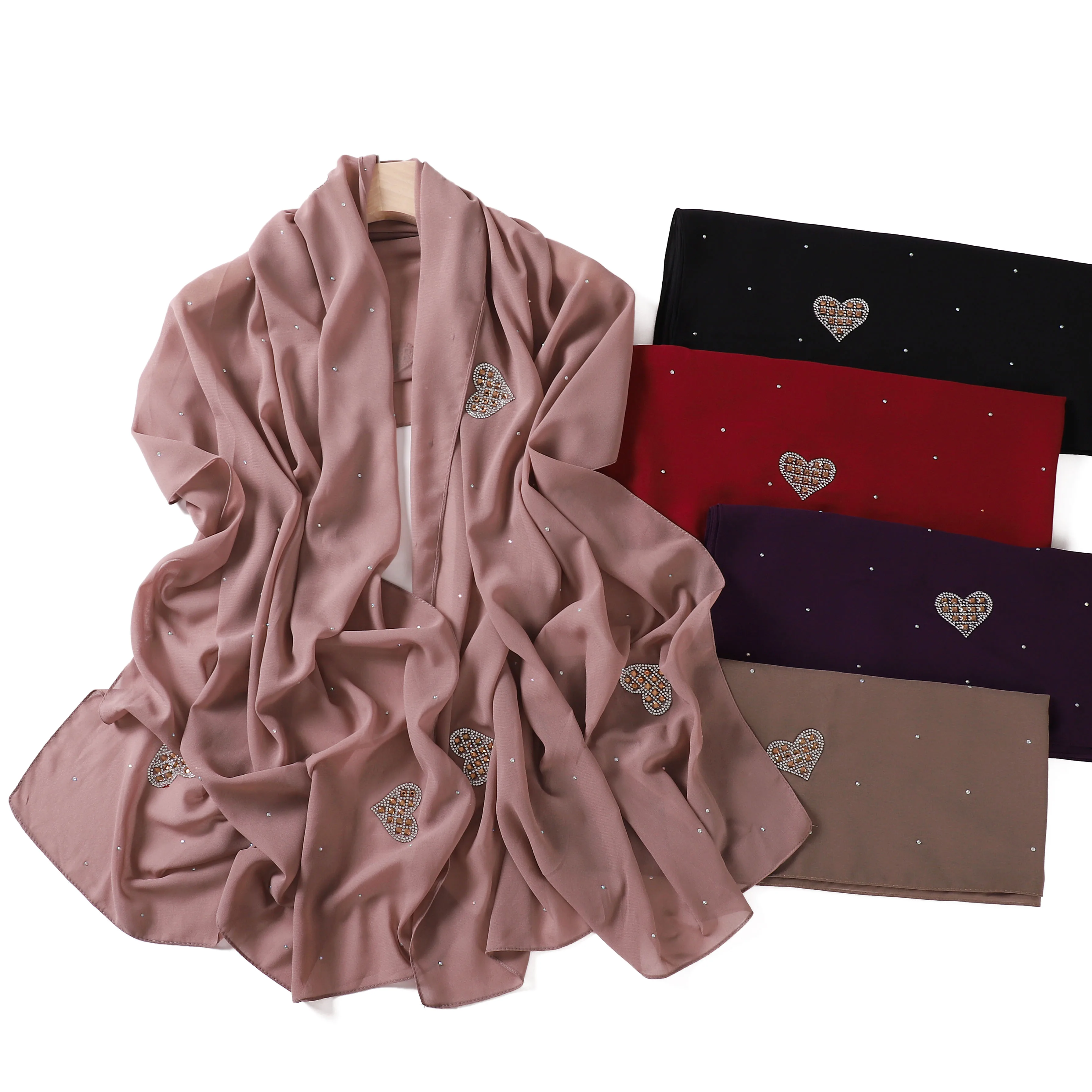 New Hot Women Soft Chiffon Rhinestone Scarf Solid Color Dubai Hijab Luxury Diamond Plain Long Wrap Head Scarf  Scarves Shawl