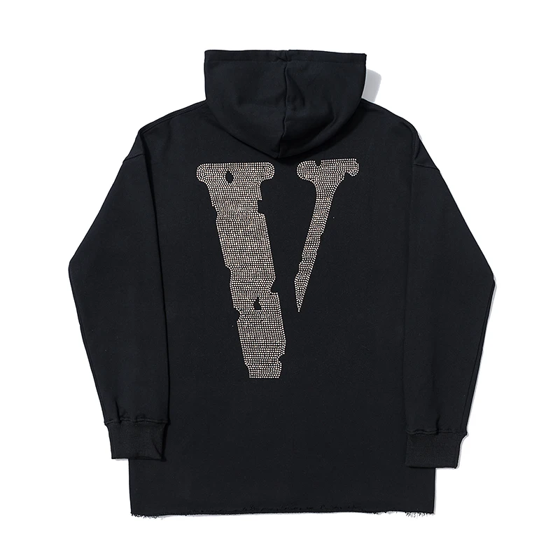 Wholesale pull over street wear thick Vloned fleece black rhinestone custom hoodie