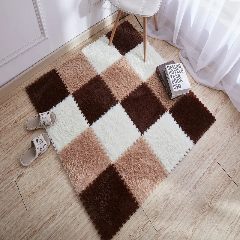 Factory Sale Interlocking Floor Mats Tiles Eva Puzzle Hairy Rug Washable Plush Carpet Solid Color Baby Play Mat Machine Made