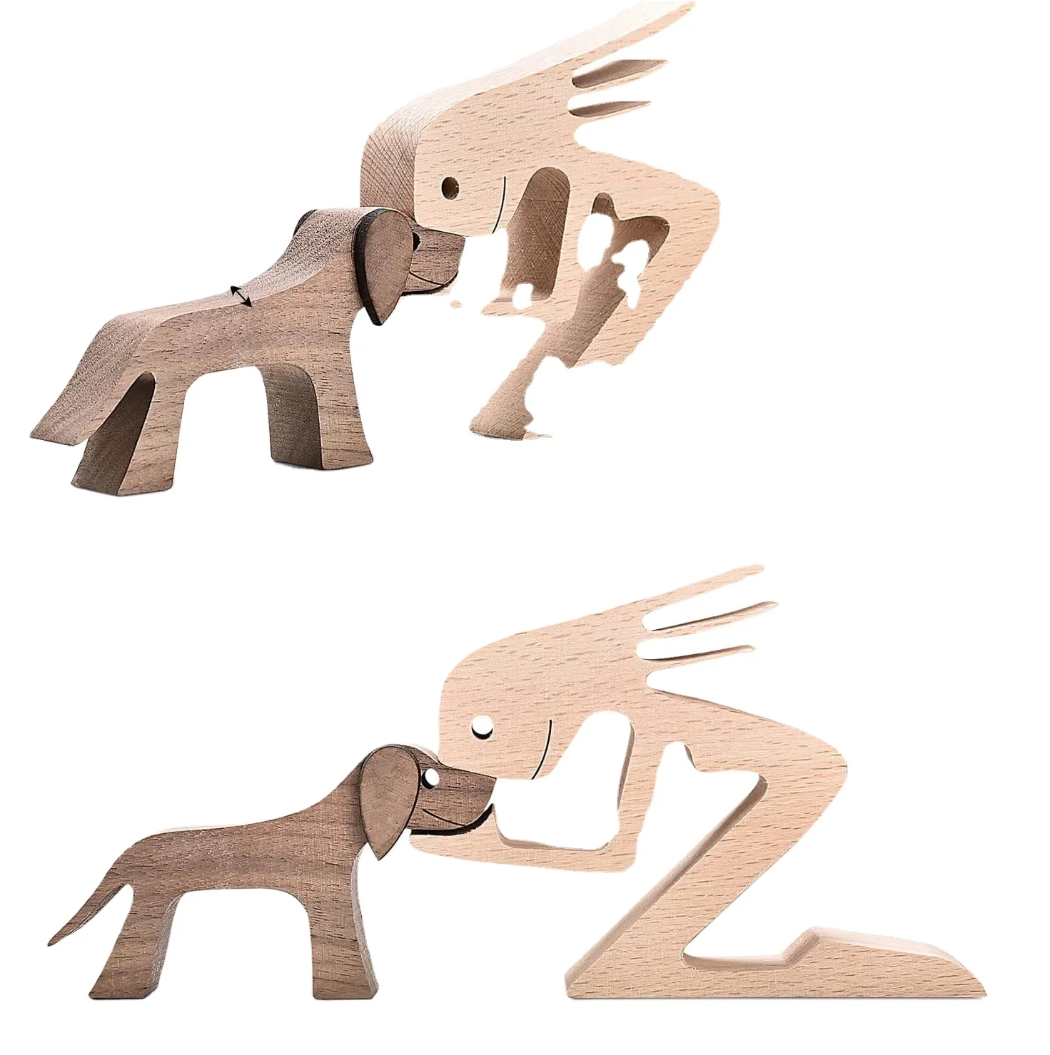 Wooden Statue Man and Dog Figurines Wood Crafts Gifts Decor Carved Wood Decorative Sculpture