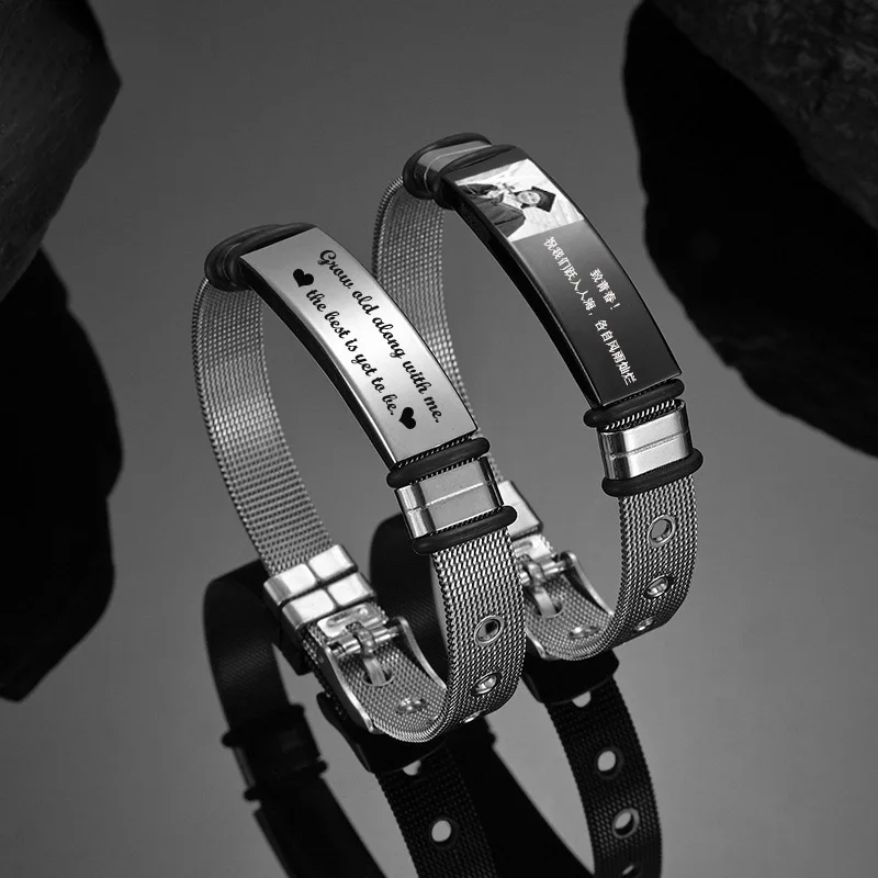 Персонализированный браслет из нержавеющей стали с цепочкой для часов изогнутый брендовый мужской гравировкой имени фото Мемориальный