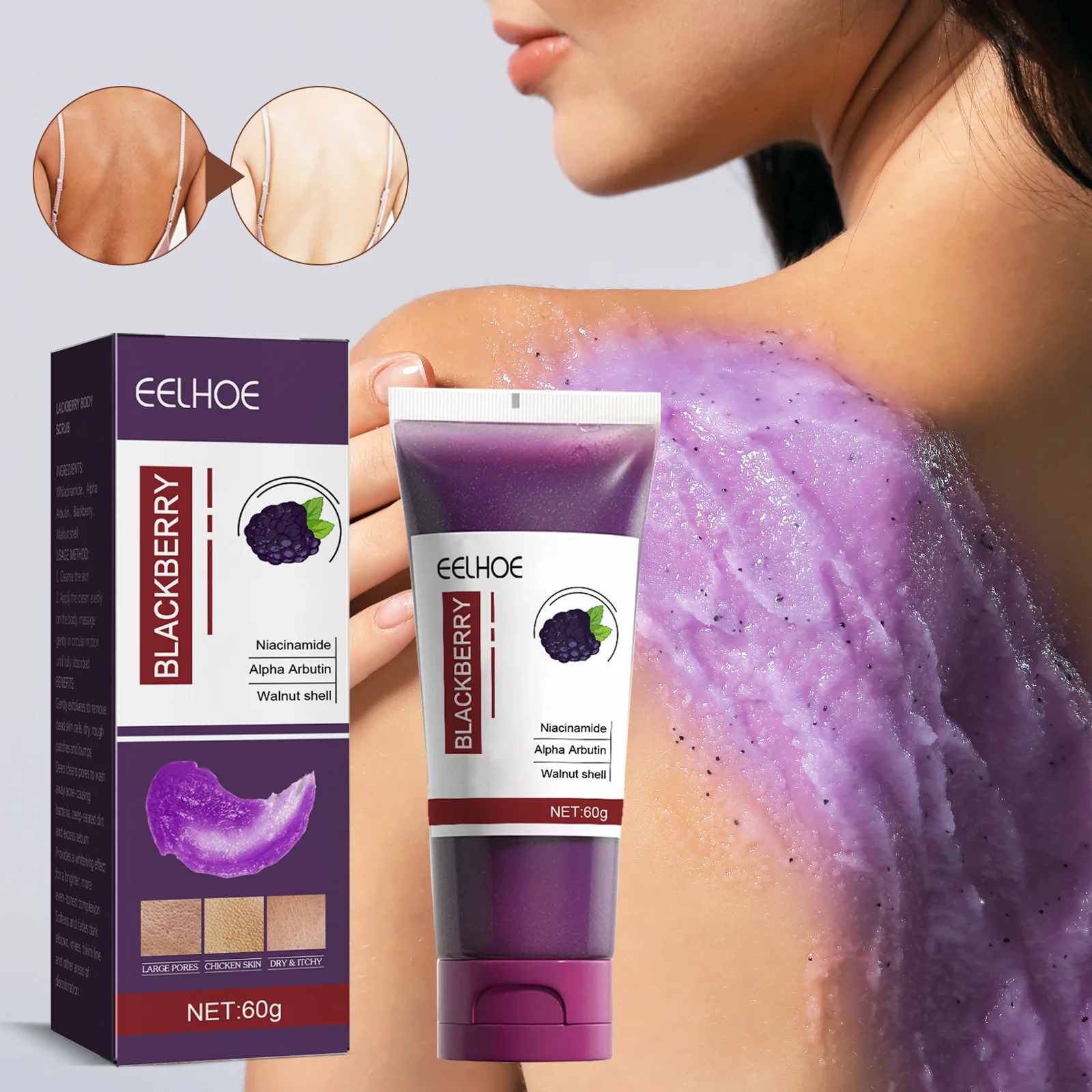 Nicotinamide blackberry body scrub for skin cleansing, exfoliating, dead skin, and melanin removal