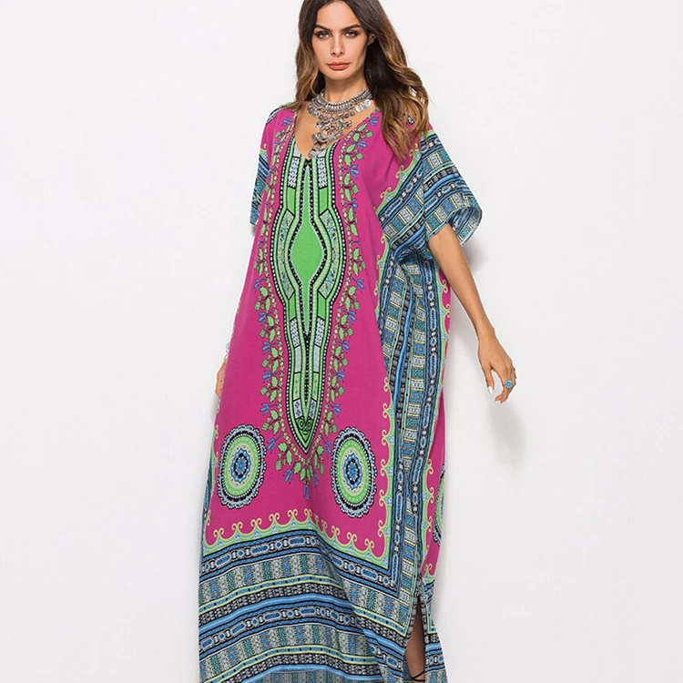 
Rose Red Tribal Printed Maxi Dresses Summer Plunging Neck For Streetshots 