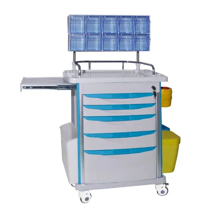 High capacity 5 drawers central lock abs hospital emergency medical anesthesia medicine trolley for sale