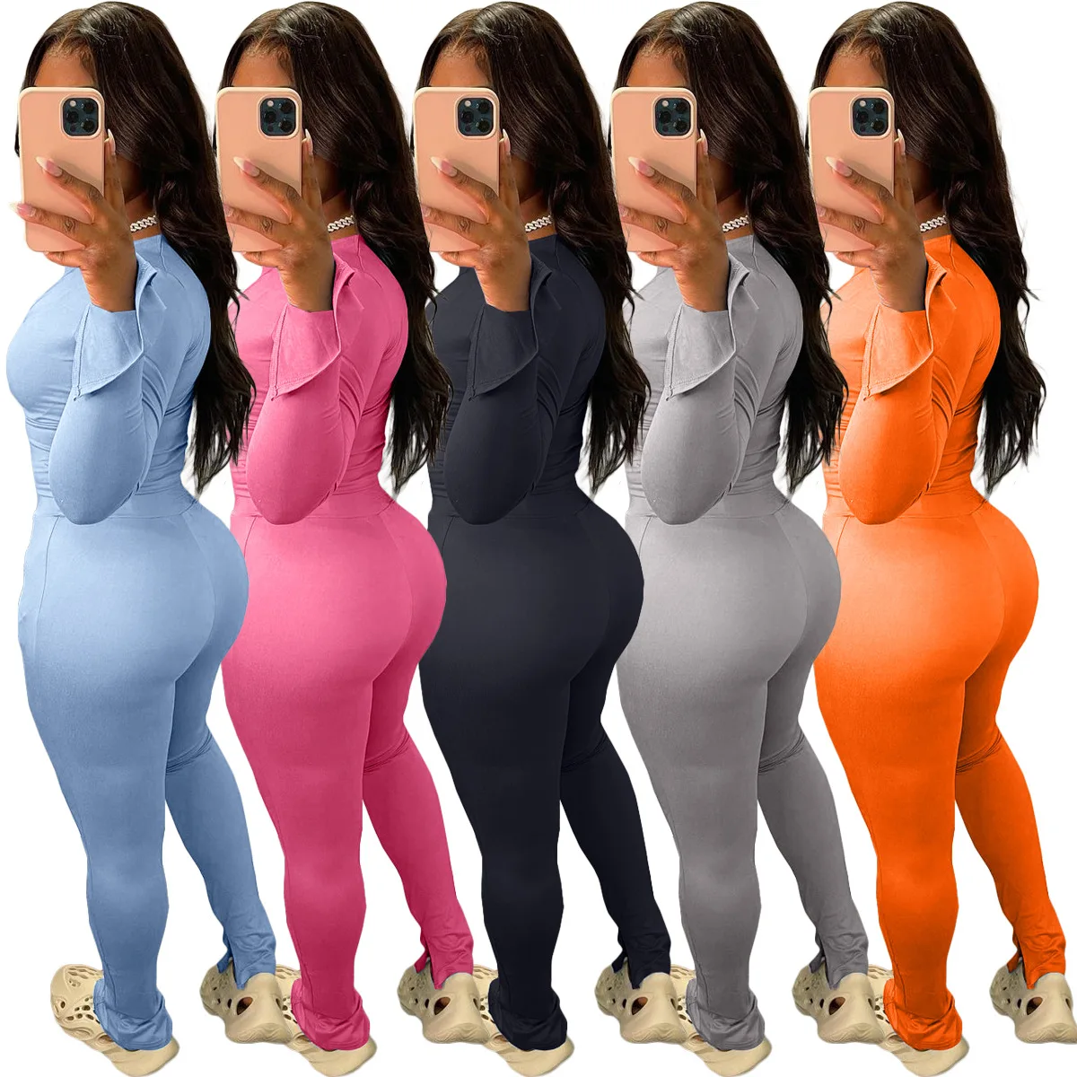 Fall Winter 2022 Women Clothes Solid Zip Split Two Piece Sports Suit Sexy 2 Piece Set Women Custom Logo Women Pants Set