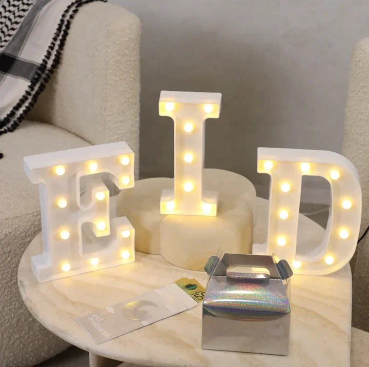 Pafu muslim home party table decoration ramadan mubarak led letter sign star moon lights white eid light up letters