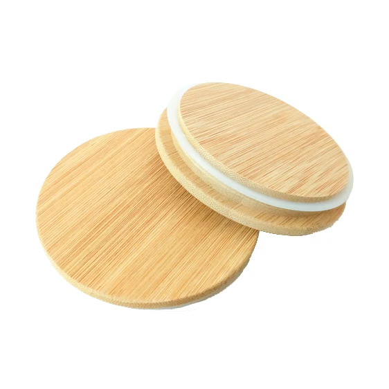 Natural Color Factory Customize Logo Seal Ring Airtight Wooden Bamboo Mason Jar Caps Lid with Hole for Straw 86 mm