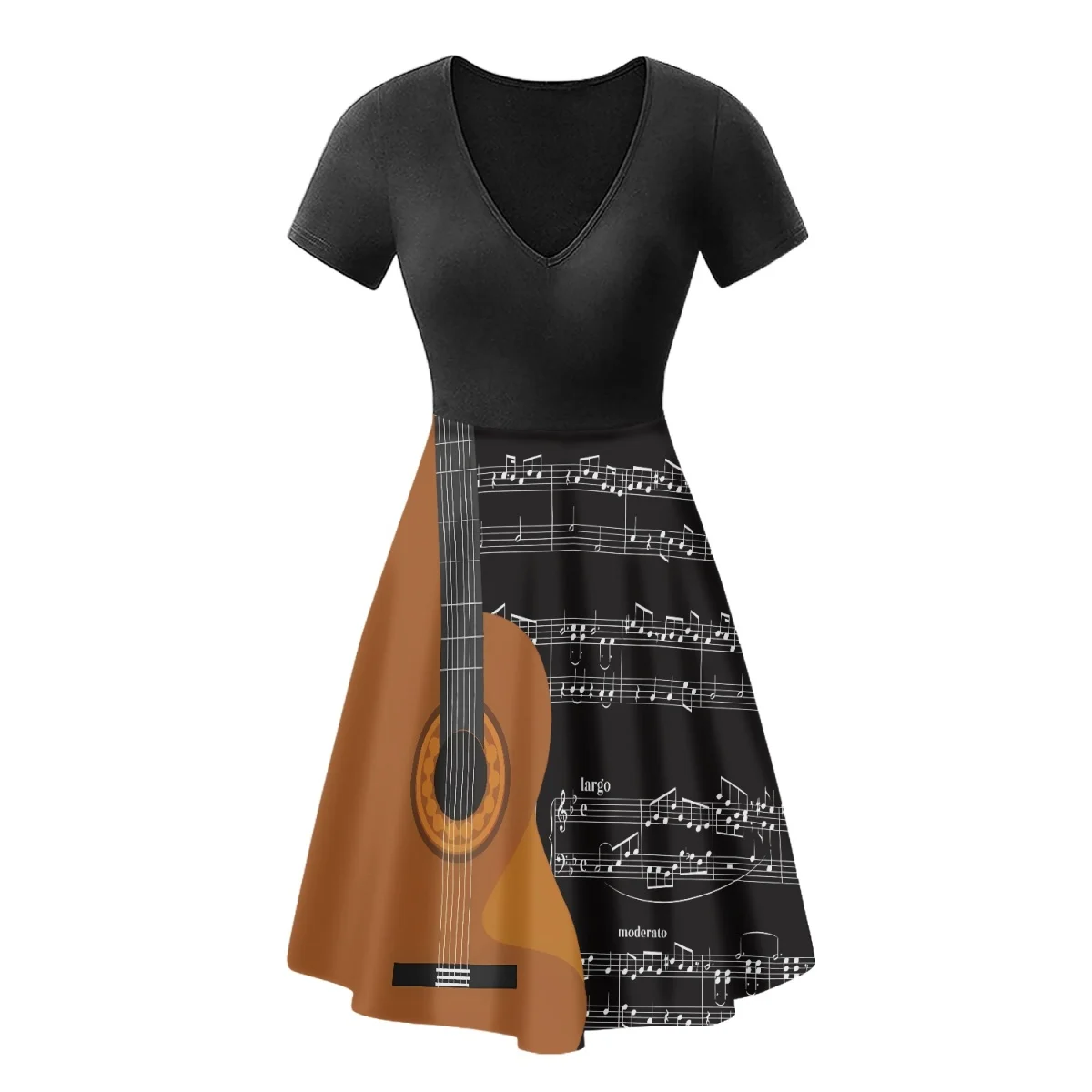 Breathable Pocket Dress Guitar Music Note Pattern Ladies Casual Elegant Dress With Factory Outlet Female Clothing Midi Skirts