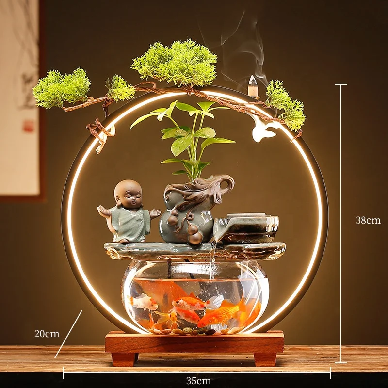 Wholesale Creative Zen Garden Ceramic Waterfall Fountain With Glass Fish Tank Indoor Smoke Water Fountain for Home Office Decor