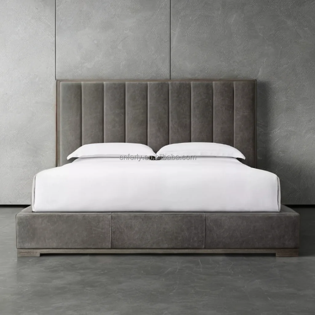 Luxury modern home furniture leather vertical channel panel platform bed