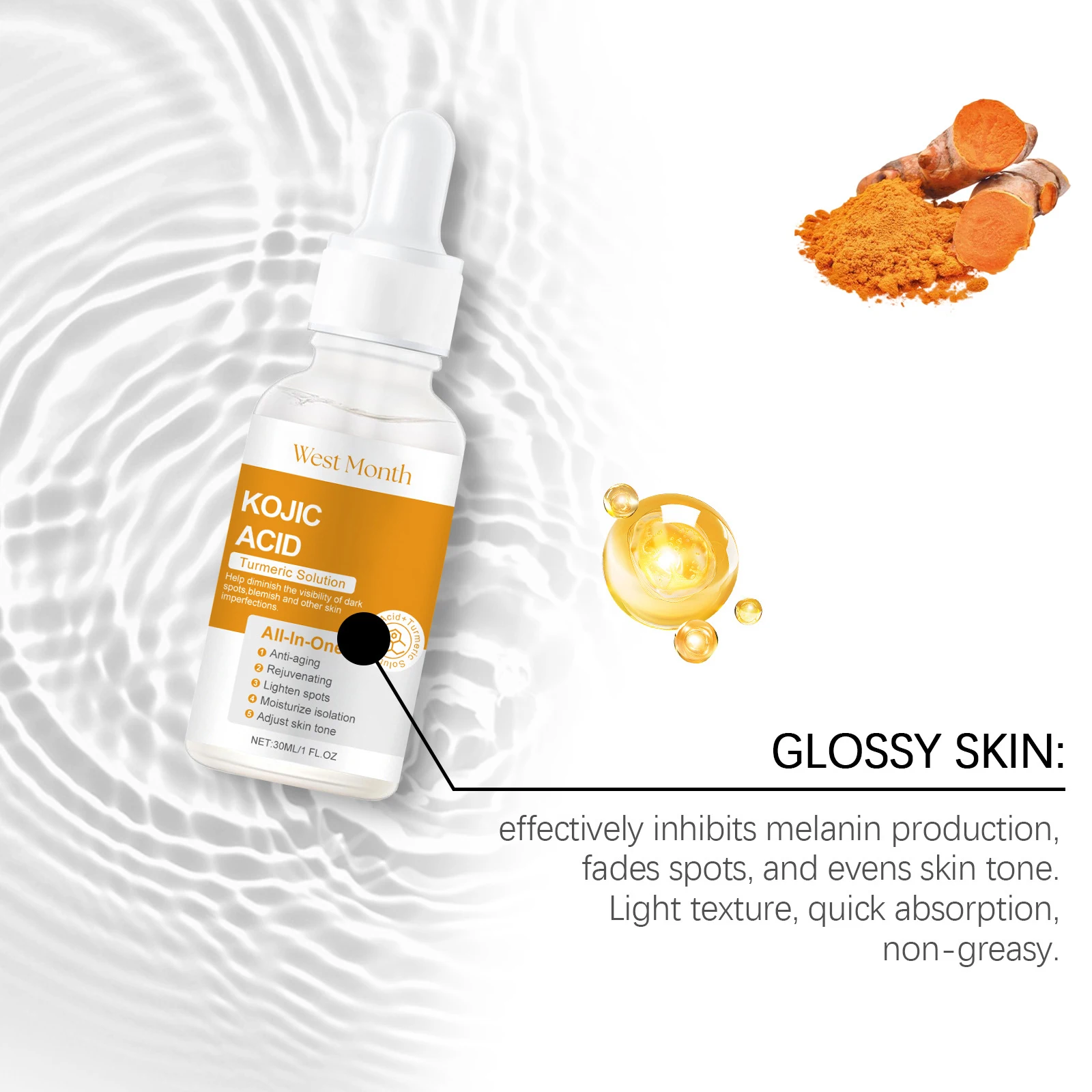 OEM ODM Turmeric Kojic Acid Face Serum Natural Skin Care Hydrating Moisturizer Whitening Kojic Acid Serum