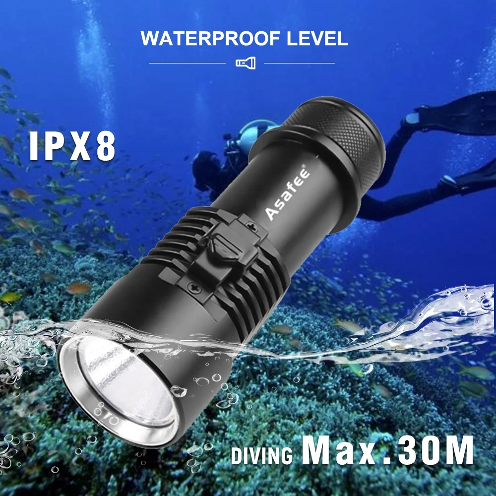 Светодиодный подводный фонарик Asafee XHP70 водонепроницаемый магнитный переключатель 3 режима 1500 лм фонарь для дайвинга