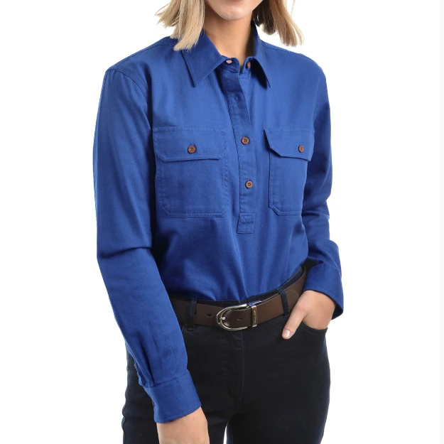 Chinese Factory Workshirts Shirts Cuffs Work Button Down Tops Womens Shirt With Double Breast Pockets