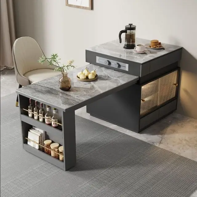 Light luxury slate island table dining table integrated retractable multifunctional household small modern kitchen bar