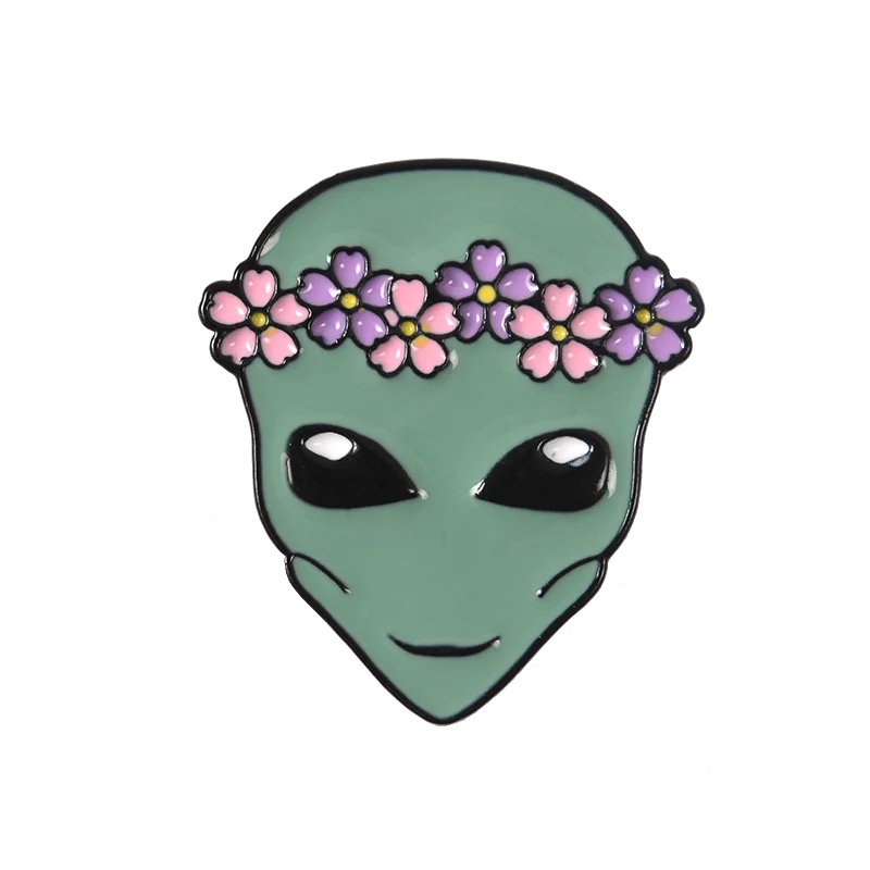 QY New Arrival ! Cute Funny Outer Space ET Flower Crown Alien Saucer Man Soft Enamel Brooches Pins For Friends