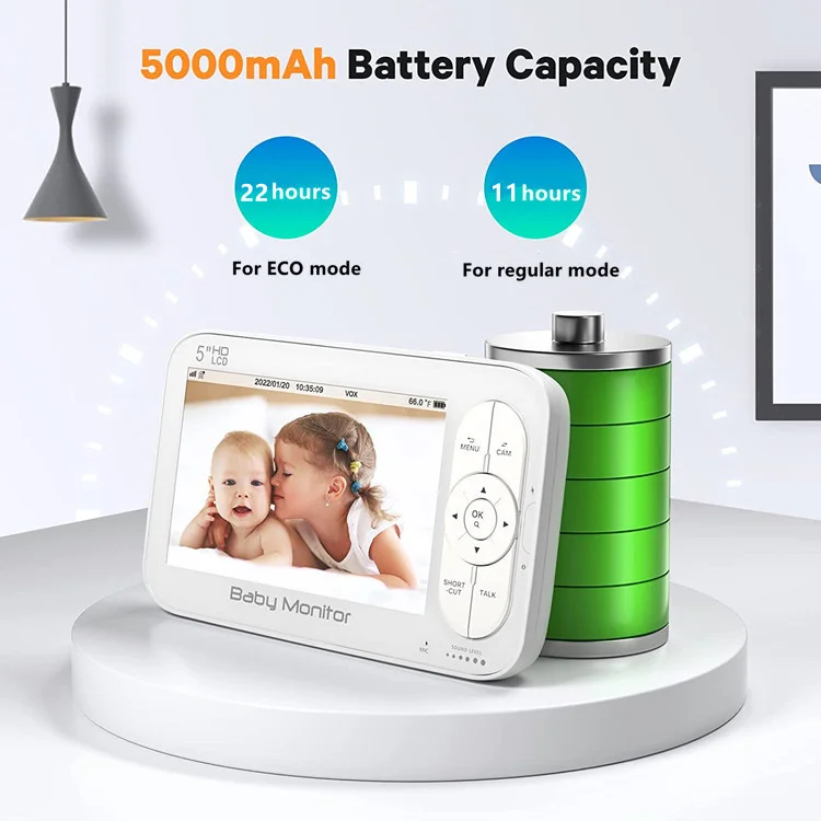 1080P 5 inch Babyphone VOX Mode Two Way Audio Temperature Alarm Crying Detection Wireless Surveillance Baby Monitor with Camera