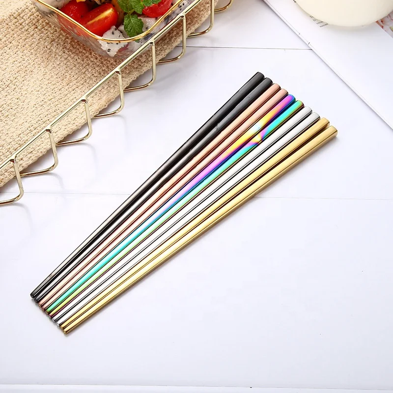 Custom Logo Reusable Luxury Colorful Polish 304 Stainless Steel Metal Chopsticks 5pairs With Gift Box Set