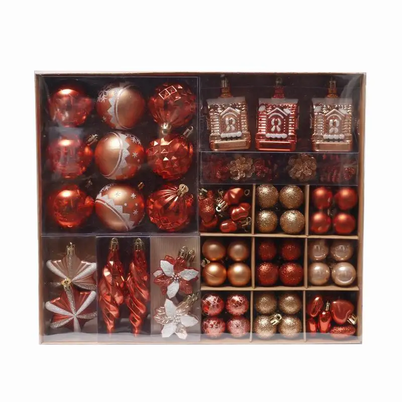 Wholesale gifts plastic ball ornaments mixed in brown paper box 71pcs suit pack fashion luxury Christmas tree decorations