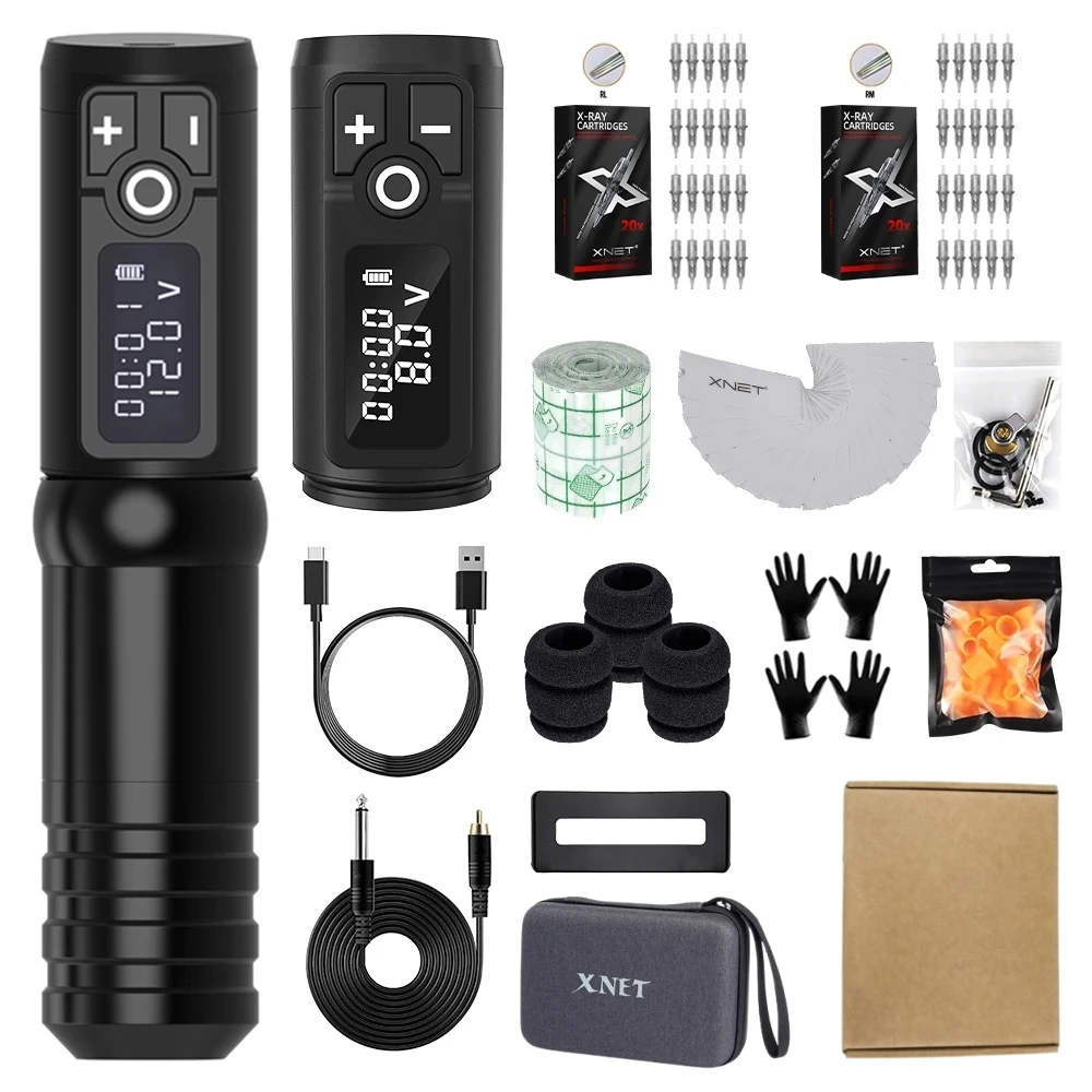 XNET Flash 2400mAh Wireless Tattoo Machine Pen Set Digital Rotary Tattoo Complete Full Kits with Cartridge and Tattoo Accessory
