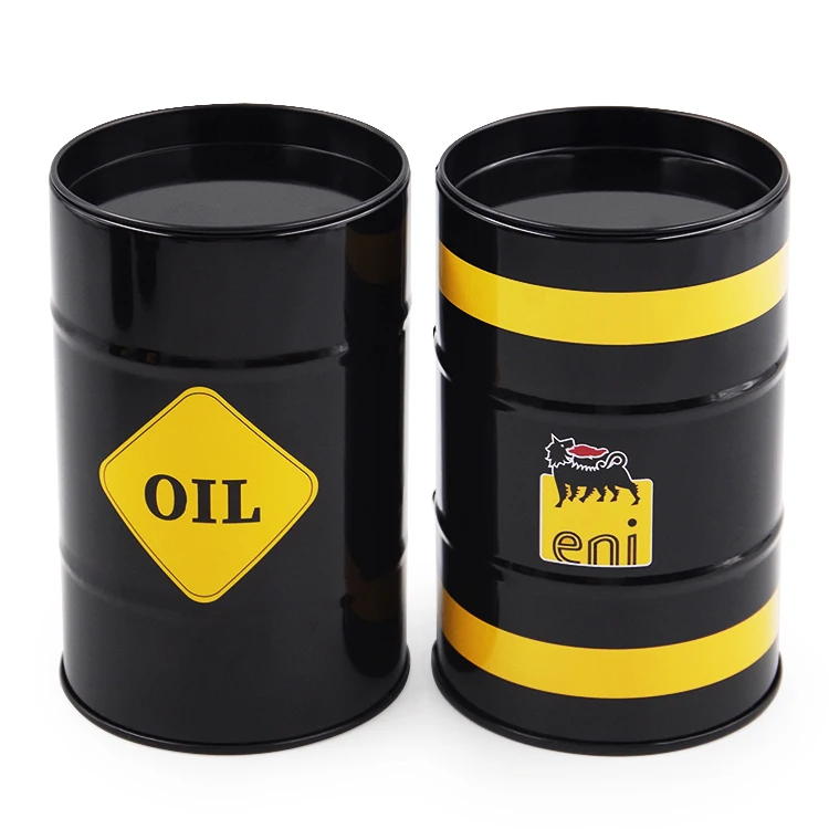 Wholesale Customized Round Black Gold Silvery Oil Drum Shape Toy Metal Can Coin Bank Money Saving Box Gfit Tin Box for Kids