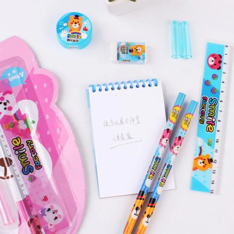 Printable Logo Gift Box Office School Supplies Cartoon Ruler Pencil Sharpener Pencil 8 Piece Stationery Set