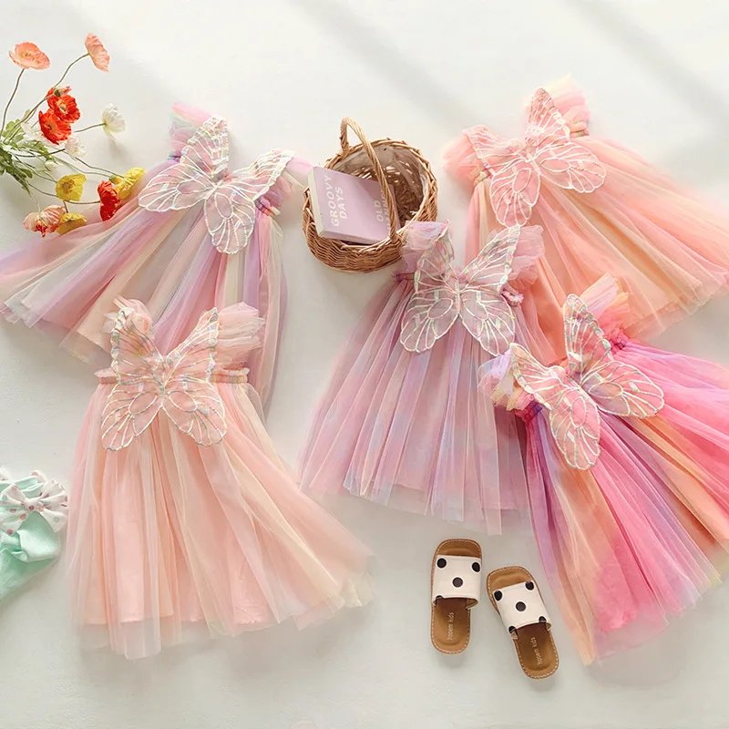 Kids Butterfly Wings Dress for Girls Children Princess Rainbow Tutu Dress Kids Dress Rainbow Toddler Flutter Sleeve Summer Frock