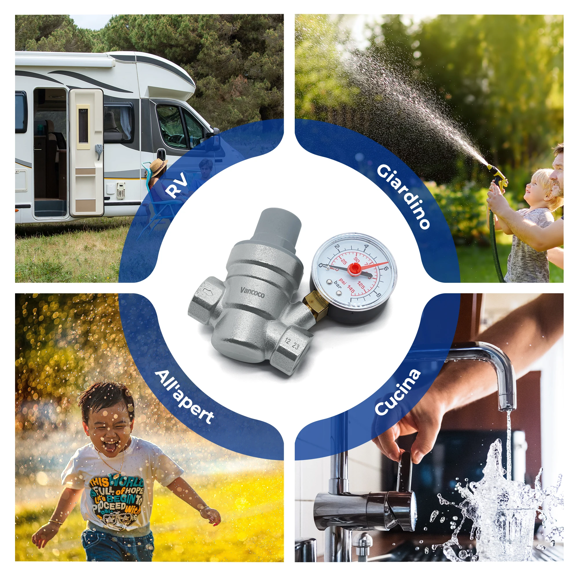 VANCOCO 1/2 Tap Water Pipe Brass  Pressure Reducing  Valve with Gauge Clock