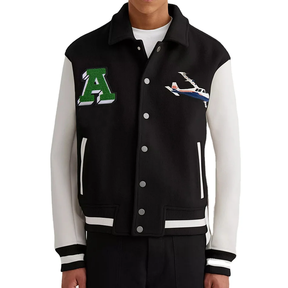 High quality custom plus size leather sleeve color block embroidery bomber flight baseball vintage flight jacket for men