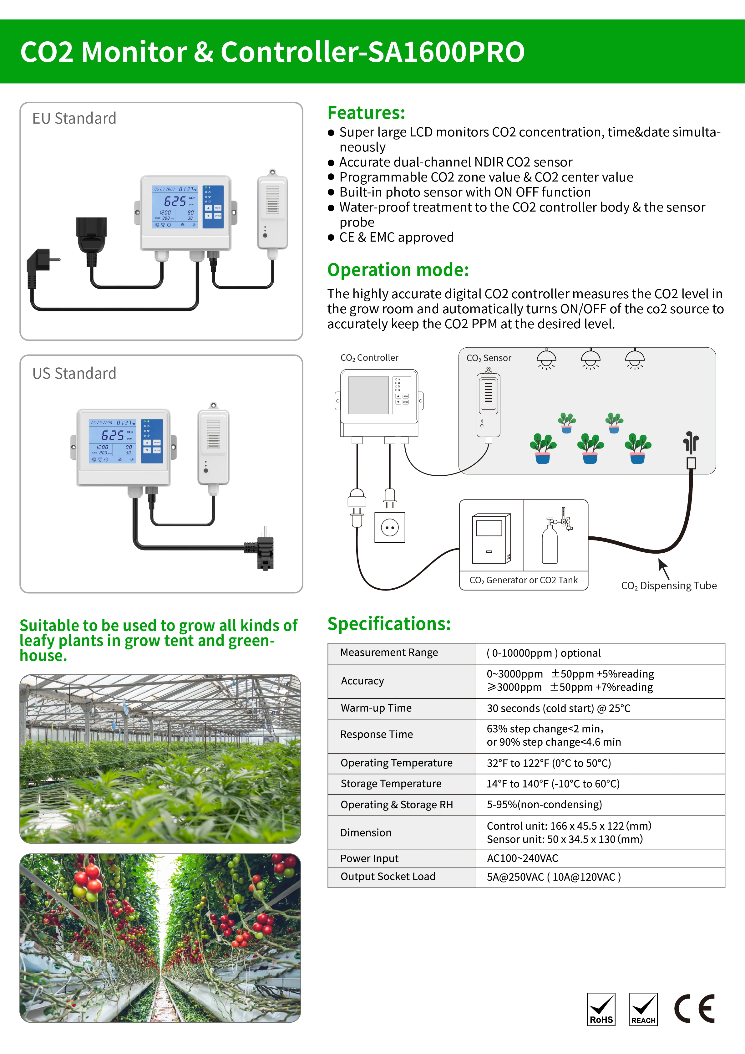 0-10000 ppm optional Carbon Dioxide Meter Digital CO2 Controller CO2 Monitor for Greenhouse, Home, Office, Mushroom
