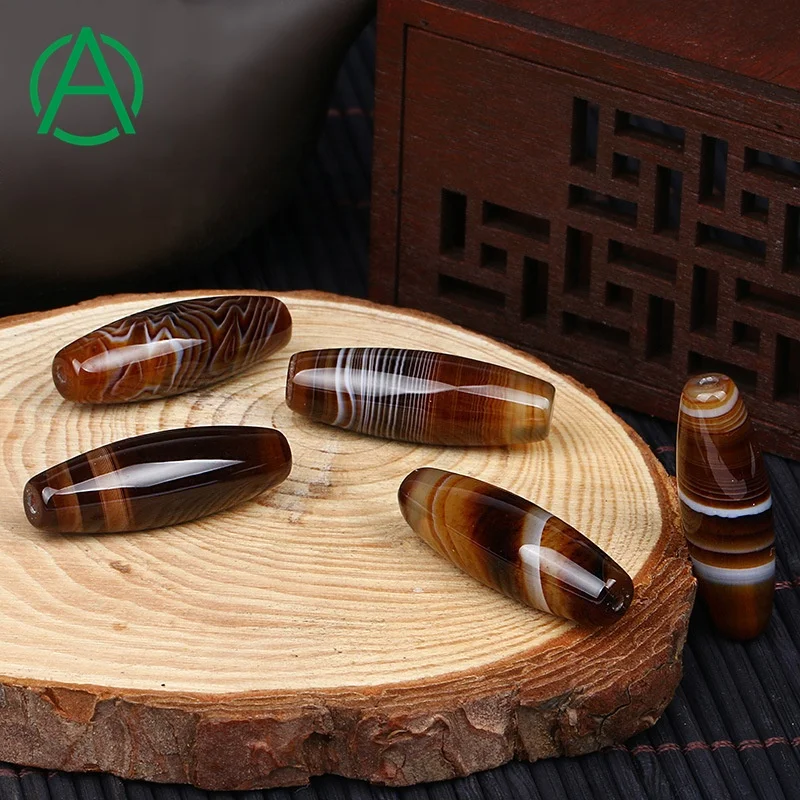 Arthurgem Brown Banded Agate Barrel Rice Focal Loose Beads Tibetan Dzi Agate Beads Striped Agate Stone Beads Natural 150 Pieces