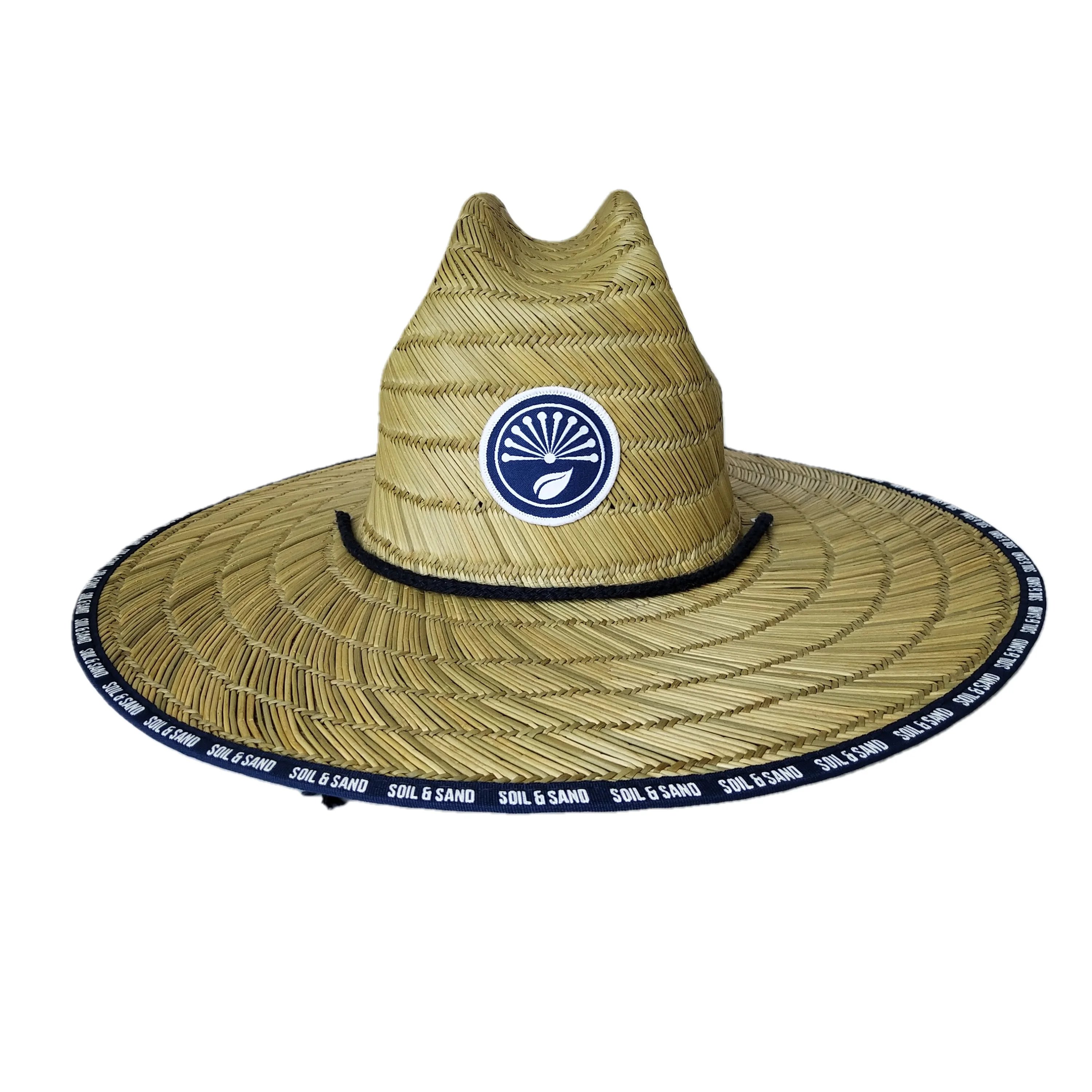 High quality wide brim mat grass lifeguard hat printing edge custom badge men and woven straw hat
