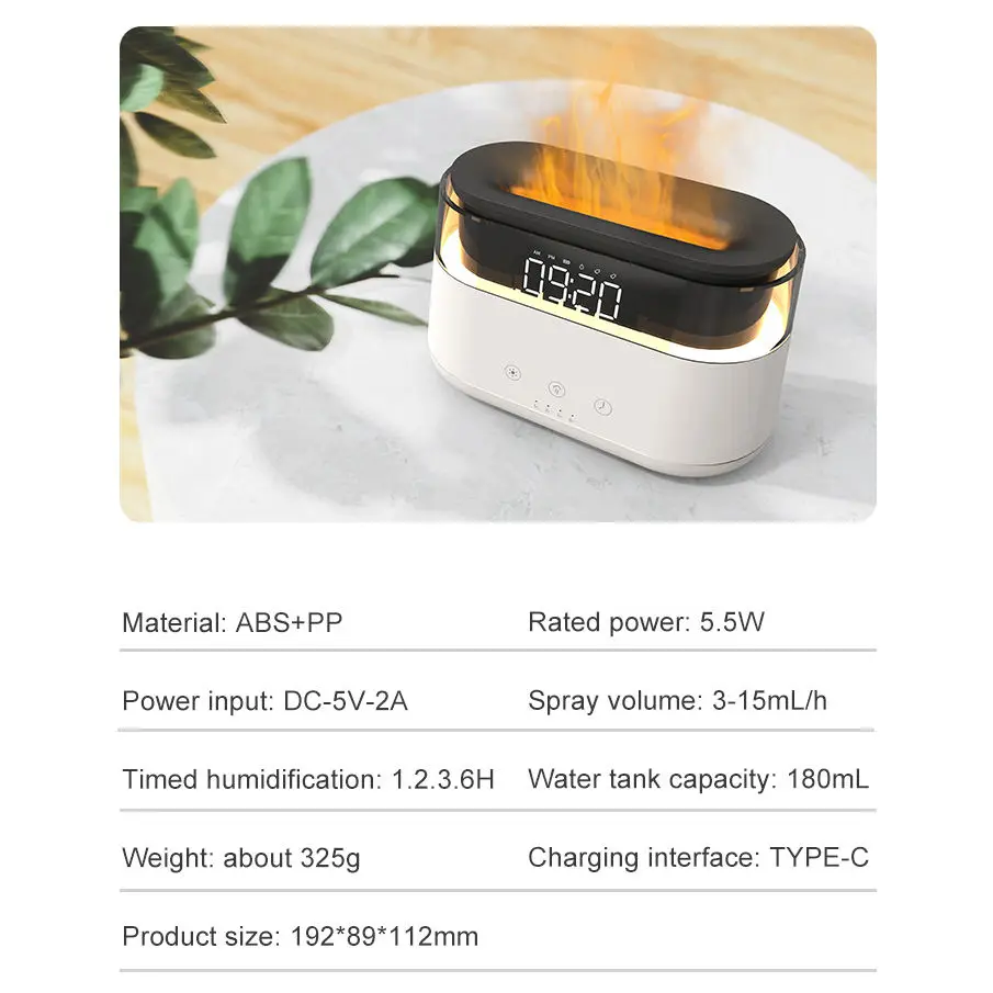 LED Clock Flame Humidifier Flame Aroma Diffuser Multifunction Humidifier for Home Office Spa Yoga Essential Oil