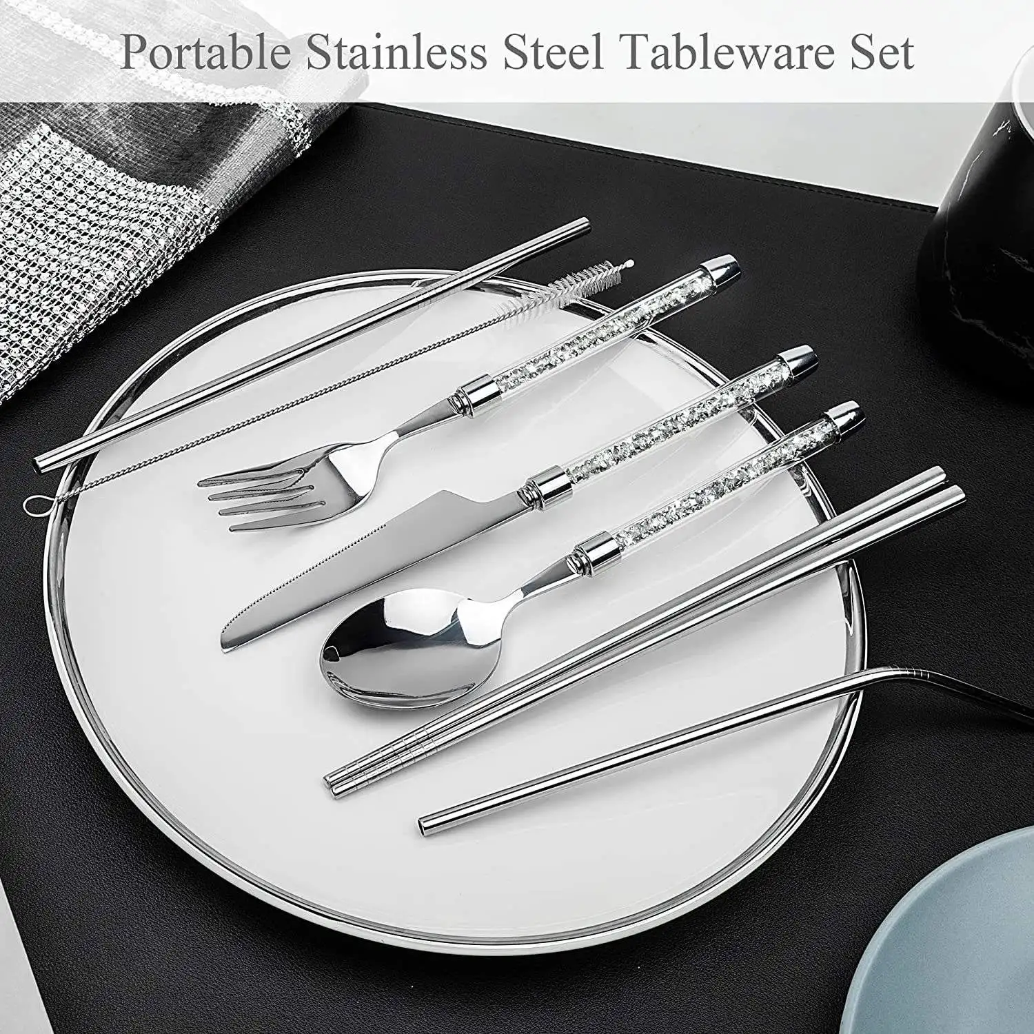 7-piece portable stainless steel travel camping High Quality tableware Knife fork spoon chopsticks Cleaning brush straw