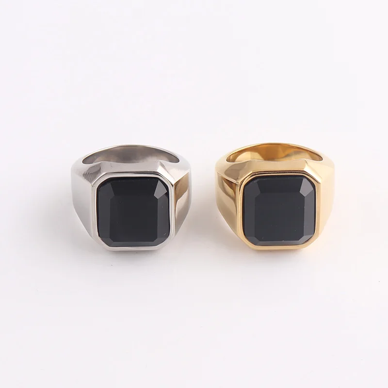 Dark Luxury Hip Hop Trendy Stainless Steel Jewelry Big Black Silver Agate Ring For Man