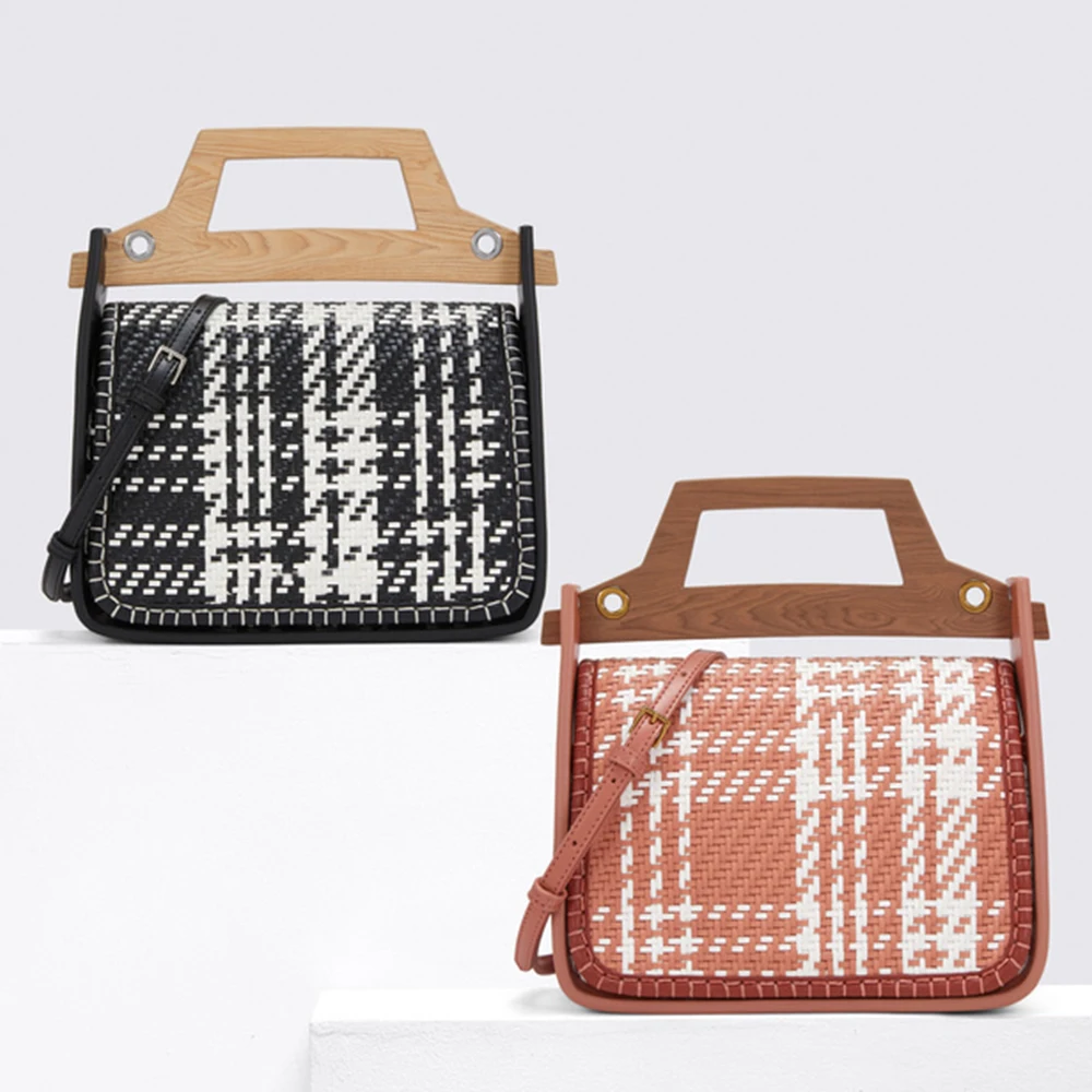 Hot selling wood handle woven classic ladies pu leather hand bags elegant women handbag purse