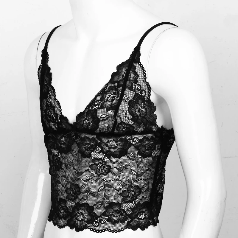 iEFiEL Black Sissy Mens Sheer Lace Lingerie Sleeveless Blouse Tank Camisole Deep V Neck See Through Vest Underwear Lingerie