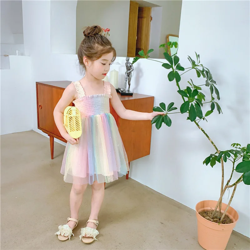 2022 Summer Princess Children Clothing Rainbow Tie-Dye Printed Strapless Lace Tutu Kids Sundress Girls Dress