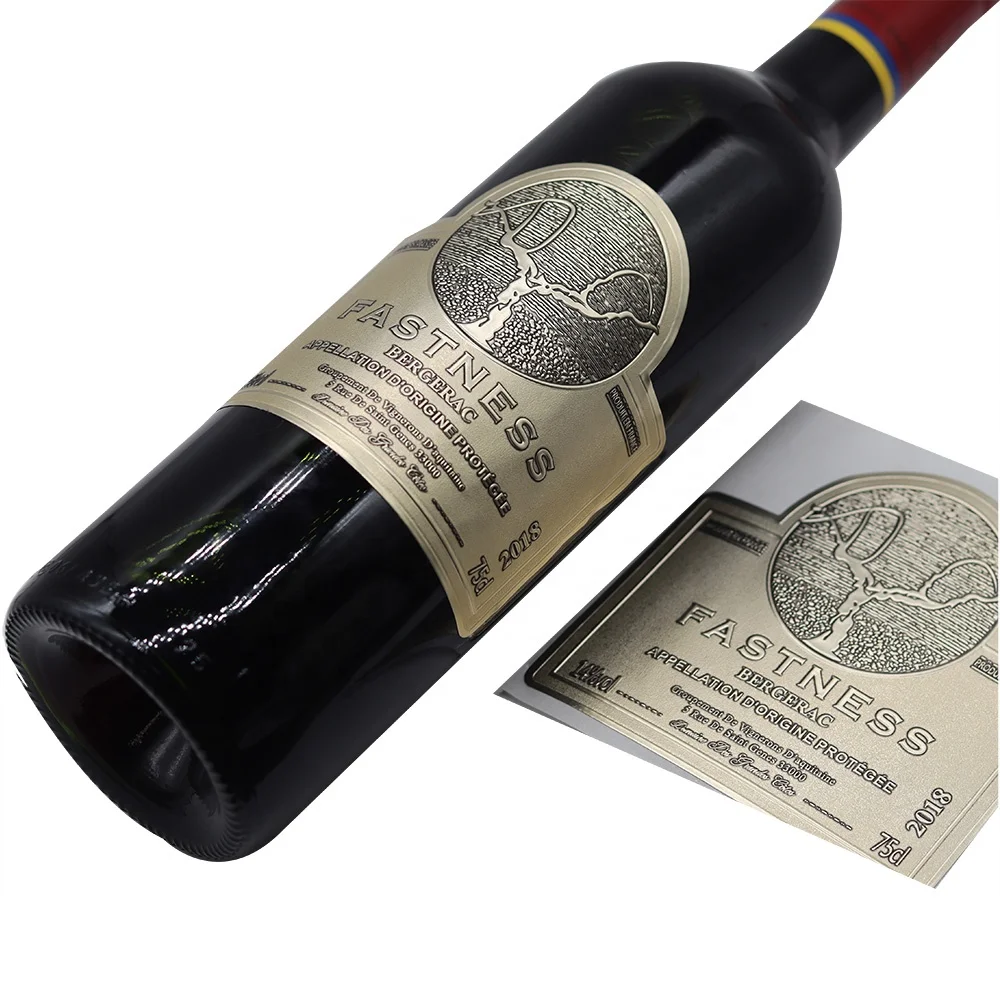 Custom Logo Aluminum Bottle Metal Sticker Adhesive Metal Labels Foil Embossed Sticker Wine Label