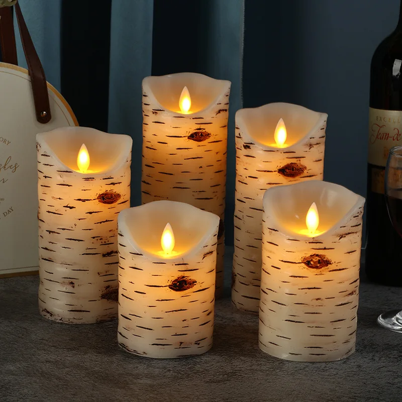 Flameless Birch Bark LED Candles Birch Grain Electric Faux Candles with Remote Controller