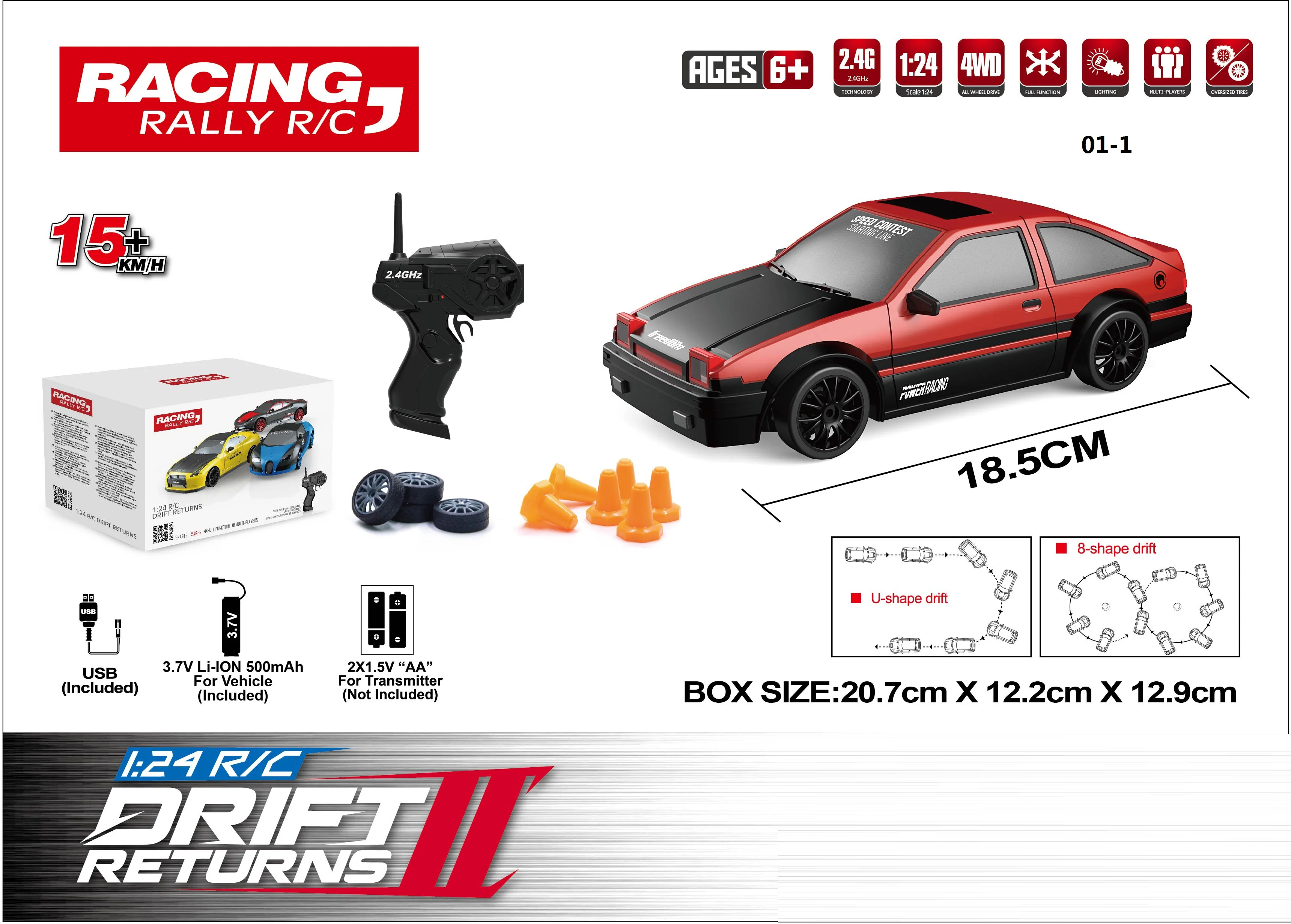 1:24 2.4G 4WD Remote Control High Speed Car With LED & Accessories Drifting Tyres Tires Replaceable R/C car